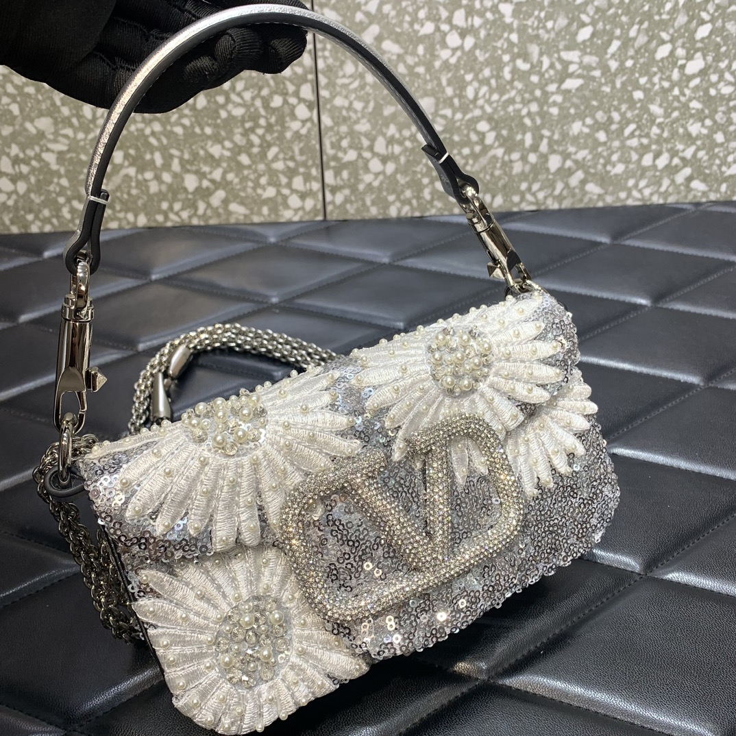 Valentino Garavani Loco Small Embroidered Shoulder Bag in Beige 